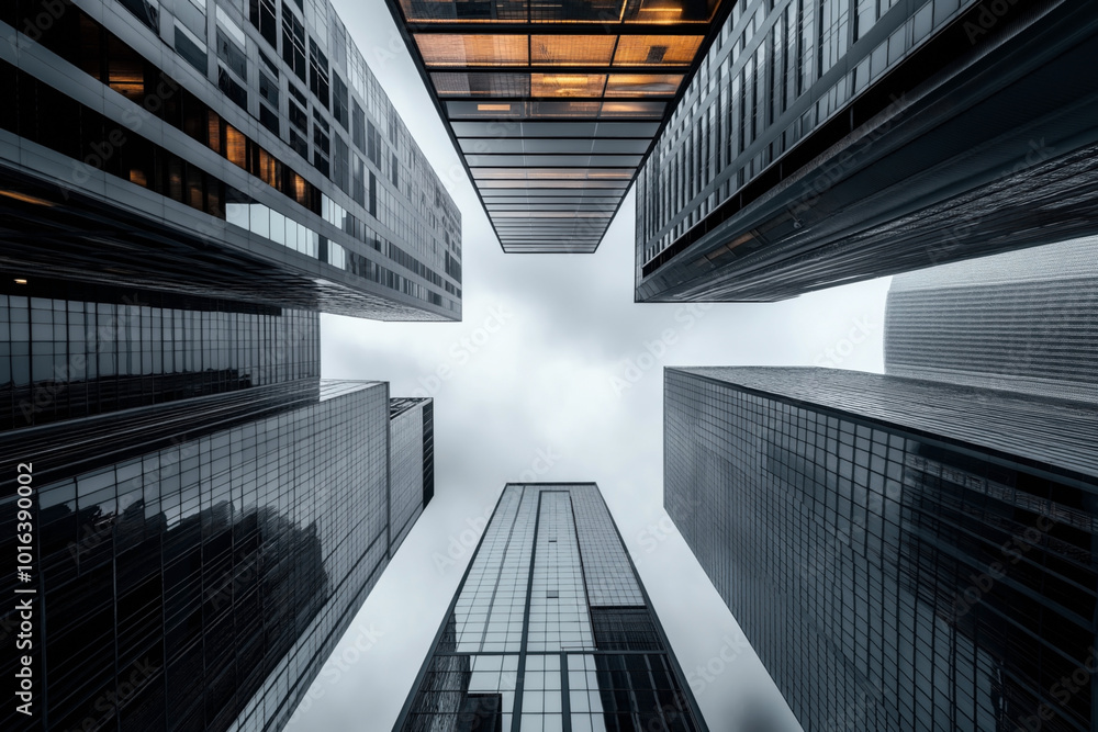 Fototapeta premium Low-angle view of modern skyscrapers with reflective glass facades, creating a symmetrical perspective against a cloudy sky.