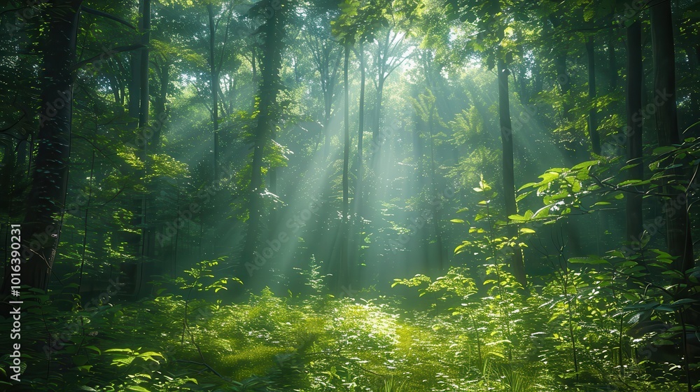 Fototapeta premium Sunbeams Shining Through Lush Green Forest