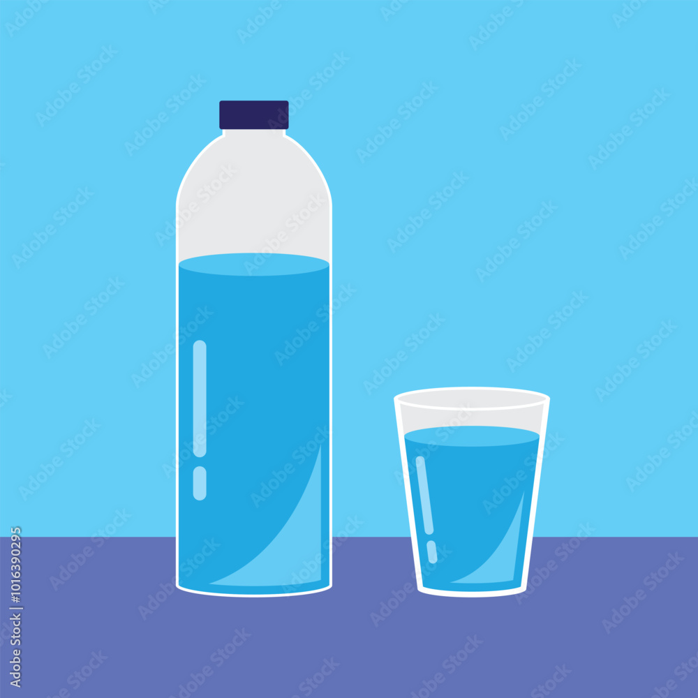 Bottle and glass of water on a blue background, minimalist style. Bottle and glass of water on a blue background, minimalist style.