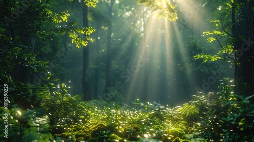 Sunlight Rays Illuminating Dense Green Forest