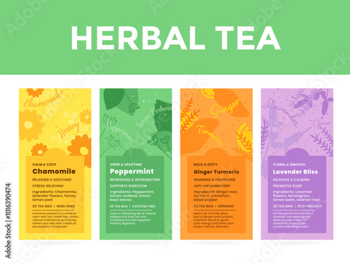 Labels for herbal tea blends containing chamomile, mint, ginger, turmeric and lavender that will calm the central nervous system.