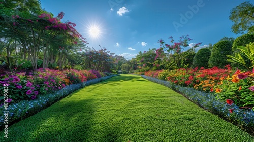 Lush Flower Garden Under Bright Blue Sky