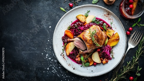 Roasted duck leg with red cabbage, apple, and cranberry sauce on a white plate.