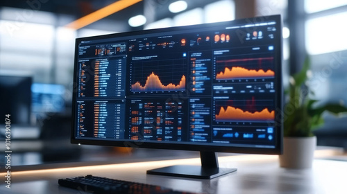 A close-up shot of a computer screen displaying financial data in a modern office setting.