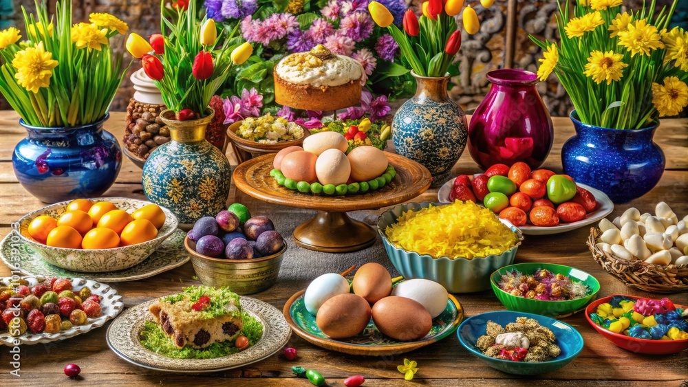 Vibrant colorful Haft-Seen table setting with spring flowers, painted eggs, and traditional sweets, symbolizing renewal and new beginnings on the Persian New Year. Vibrant colorful Haft-Seen table setting with spring flowers, painted eggs, and traditional sweets, symbolizing renewal and new beginnings on the Persian New Year.