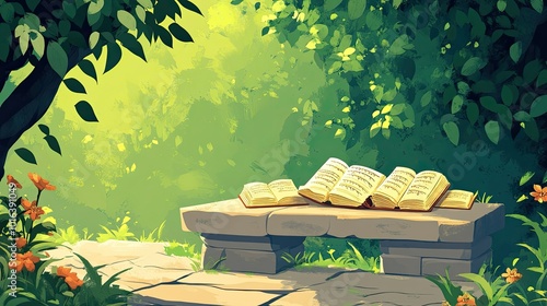 Cartoon-style scene of South Asian religious manuscripts resting on a stone bench, copy space to the lef photo