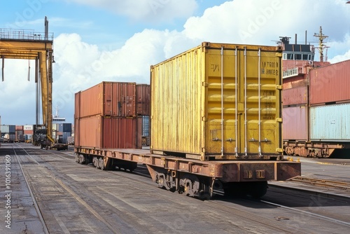 Freight containers being transported at a maritime dockyard photo