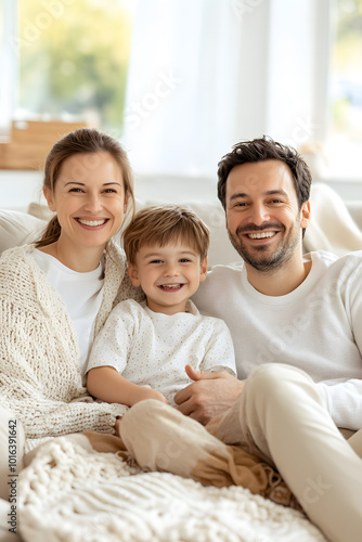 A happy family gather in a cozy living room, bathed in soft morning light streaming to large windows. Laughter fills the air as they enjoy peaceful, serene moments of warmth, joy, and togetherness. photo