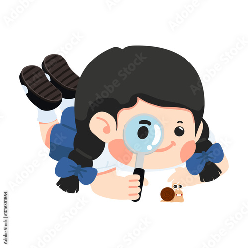 Kid girl watching snail on ground with Magnifying