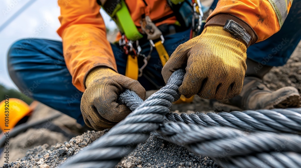 Construction Worker Adjusting Steel Cable in Field Construction Worker Adjusting Steel Cable in Field