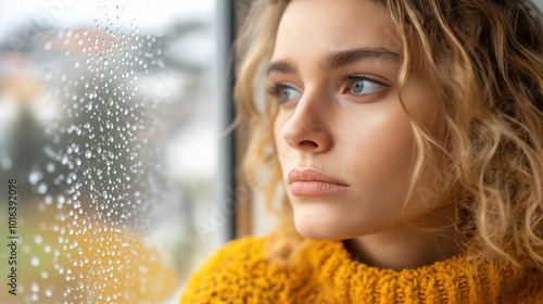 Wallpaper Mural Melancholische Gedanken: Frau blickt im Frühling durch regentropfenbedecktes Fenster Torontodigital.ca