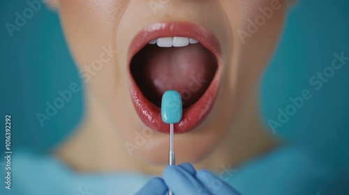 Closeup view of a patient s open mouth being examined with a blue tongue depressor during a dental or medical checkup or inspection  Concept of oral healthcare dental hygiene and medical diagnosis photo