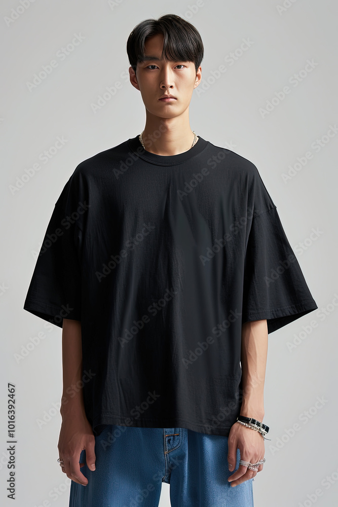 asian male model wearing a black heavyweight cotton blank oversize t shirt, baggy blue jeans, clothing mockup asian male model wearing a black heavyweight cotton blank oversize t shirt, baggy blue jeans, clothing mockup