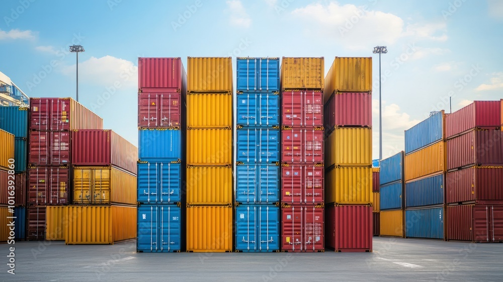 Fototapeta premium Logistics transport with stacked containers at a port terminal