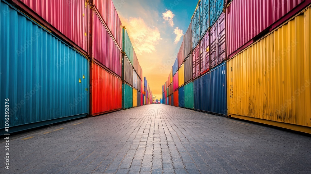 Fototapeta premium Logistics transport with stacked containers at a port terminal