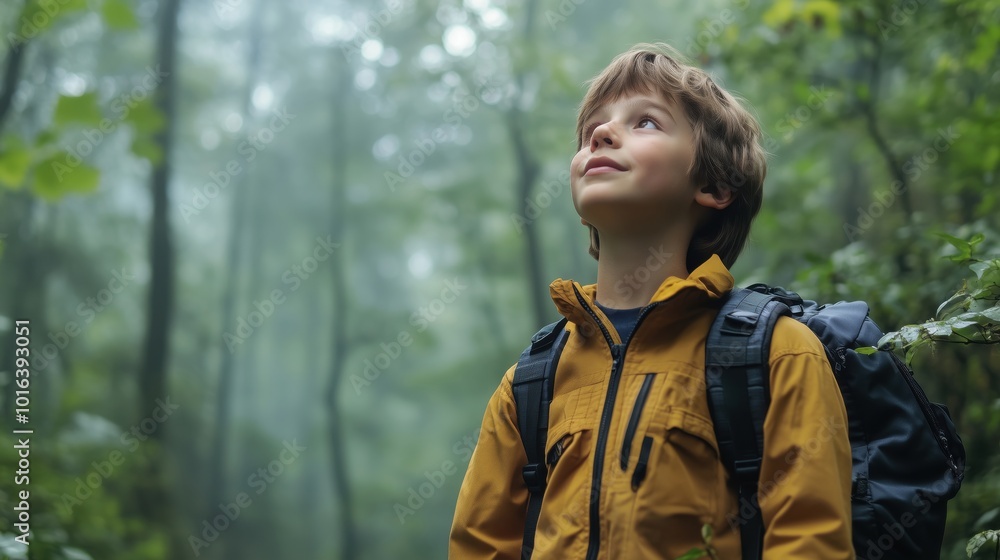 Boy exploring forest, looking up, surrounded by mist Boy exploring forest, looking up, surrounded by mist