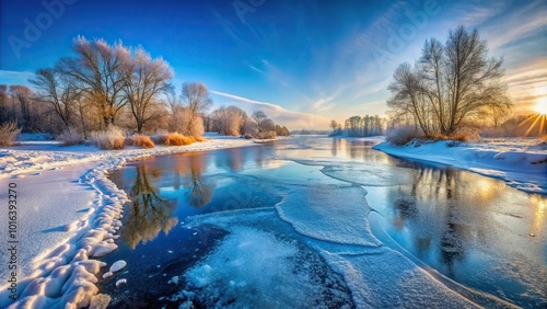 panorama of frozen river winter landscape Extreme Close-Up