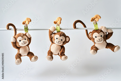 trio of cute stuffed monkey plushies in playful poses hanging by tails on invisible bar, white background photo