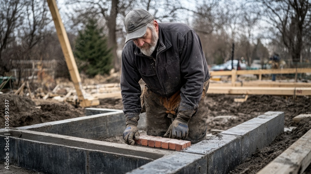 A man laying bricks for a foundation on a construction site. A man laying bricks for a foundation on a construction site.