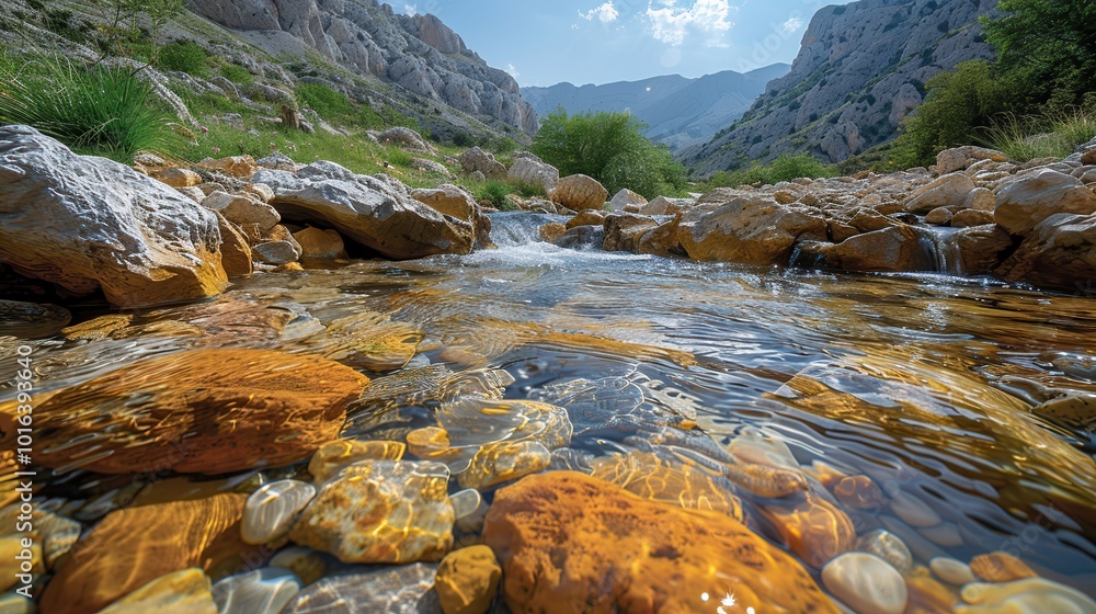 Naklejka premium Serene Mountain Stream with Colorful Pebbles
