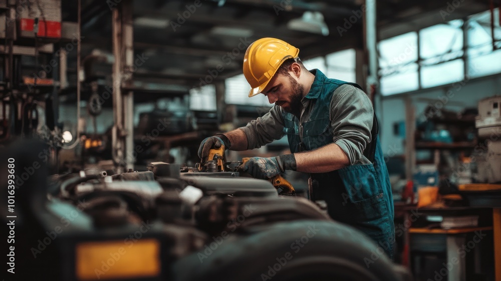 Mechanic fixing automotive equipment in an industrial setting Mechanic fixing automotive equipment in an industrial setting