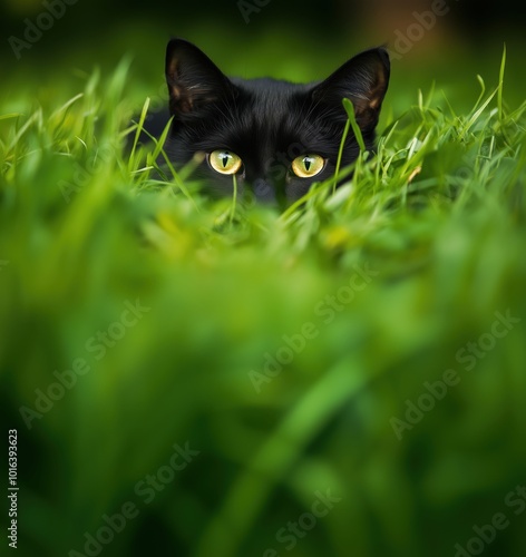 Black cat hiding in grass, sharp green eyes visible photo