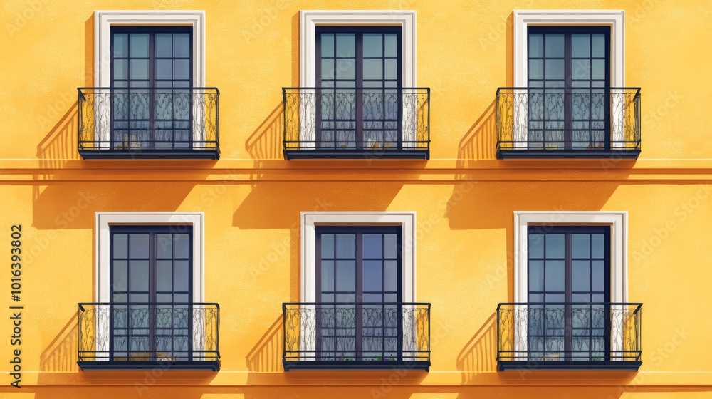 a yellow building's facade with three balconies and a lot of windows a yellow building's facade with three balconies and a lot of windows