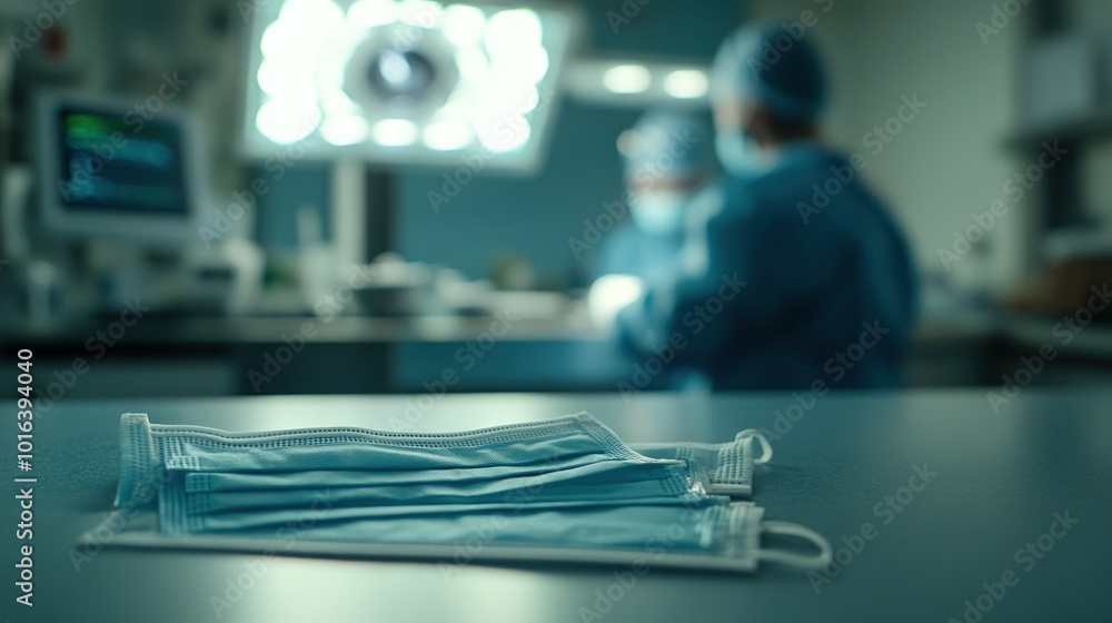 Surgical masks on a table in a medical setting, with healthcare professionals in the background. Surgical masks on a table in a medical setting, with healthcare professionals in the background.