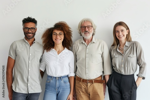 Group of diverse business people standing in a row and smiling at the camera