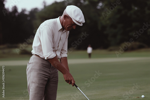 A vintage photo of a person playing golf on a golf course.