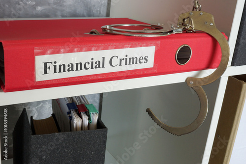 Financial crimes folder and handcuffs. Law enforcement.