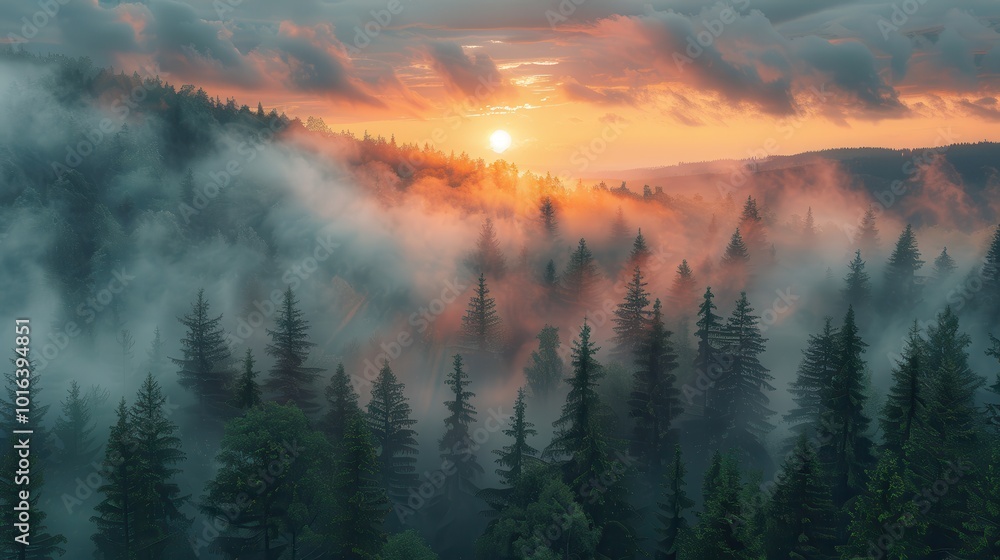 Misty Forest Landscape at Sunrise with Dramatic Clouds Misty Forest Landscape at Sunrise with Dramatic Clouds