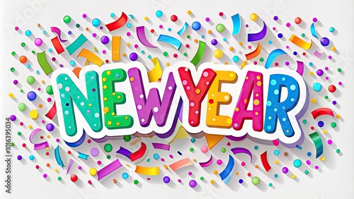 Vibrant confetti and bold typography celebrate the dawn of a new year on a bright, colorful sticker, perfect for decorating cards, party invitations, and social media posts.