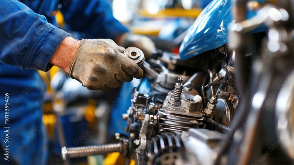 Obraz premium A mechanic working on a motorcycle engine with tools in a workshop setting.
