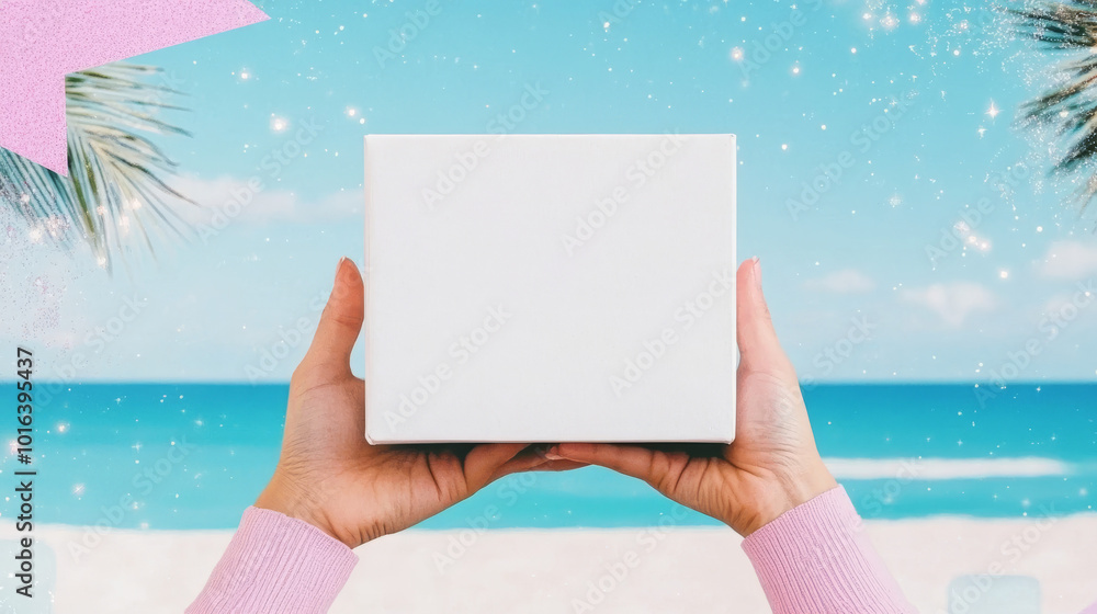 A woman's hands hold up a blank white box in front of a tropical beach scene.