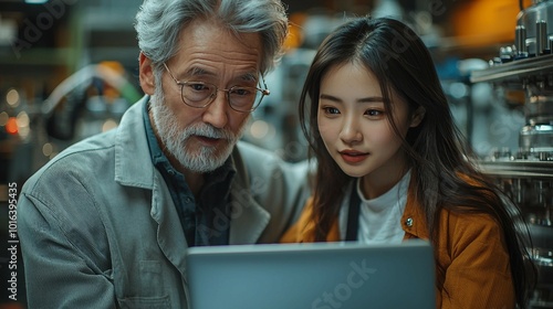 Senior Engineer and Apprentice Reviewing Data on Laptop in Workshop