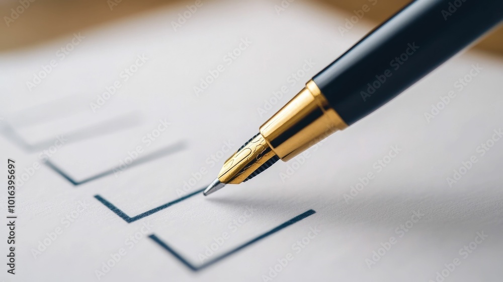 Fototapeta premium Close up shot of a pen marking a checkbox on a ballot form depicting the decision making process in an election with a deep depth of field effect for a focused and precise result