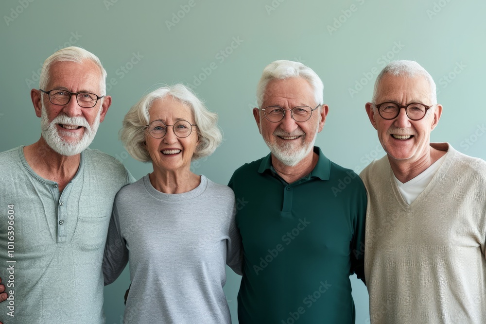 Group of seniors smiling at the camera against a green background with copy space Group of seniors smiling at the camera against a green background with copy space