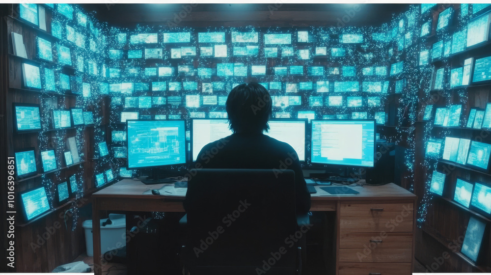 A person sits in front of multiple computer monitors in a dimly lit room surrounded by glowing blue screens. A person sits in front of multiple computer monitors in a dimly lit room surrounded by glowing blue screens.