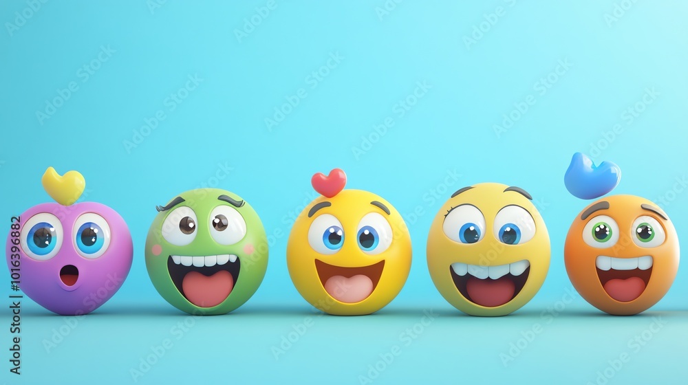 Five 3D emojis with hearts on a blue background. Five 3D emojis with hearts on a blue background.