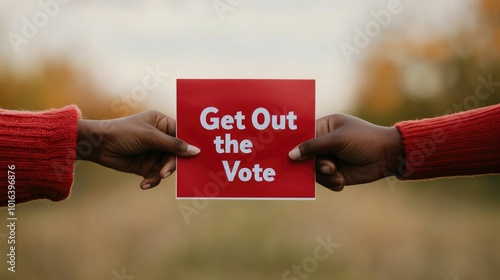 Close up of hands passing a  Get Out the Vote  flyer highlighting voter engagement and election awareness campaign  The image conveys a sense of civic duty photo