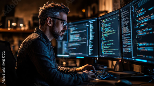 A programmer working late at night in a dimly lit room filled with computer screens displaying code