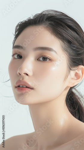 Portrait of Asian skincare model posing in profile, close up of beautiful female, with healthy skin