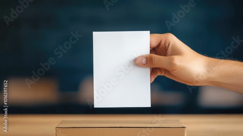 Close up of a human hand holding a paper ballot ready to be placed into the voting box showcasing the democratic process and citizen s role in exercising their civic rights and responsibilities photo