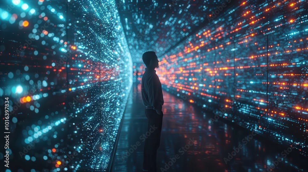 Man in futuristic tunnel with glowing data streams Man in futuristic tunnel with glowing data streams