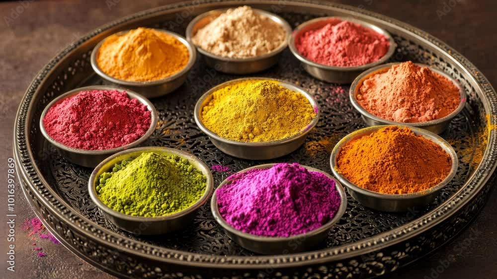 A tray of colorful powders sits on a table, ready to be used for a celebration A tray of colorful powders sits on a table, ready to be used for a celebration