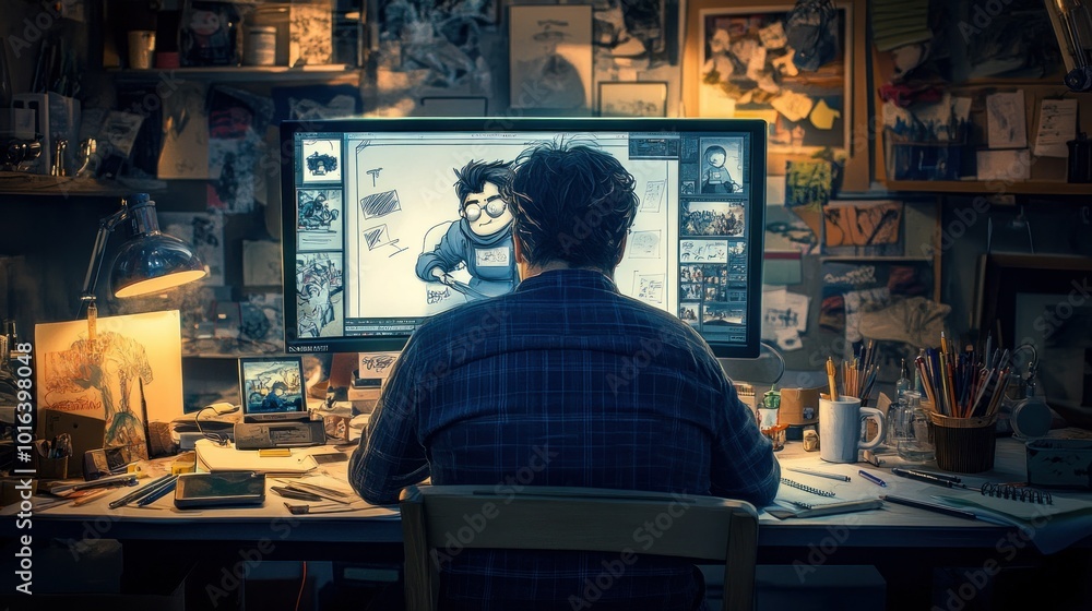 A person creating digital art at a cluttered desk, illuminated by a computer screen. A person creating digital art at a cluttered desk, illuminated by a computer screen.