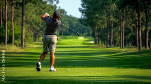 A golfer swings on a lush green course, capturing a moment in sports and leisure.