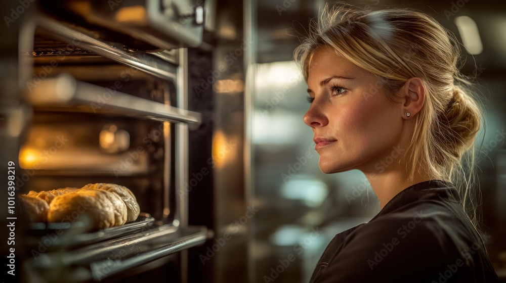 A woman gazes at freshly baked pastries in an oven, showcasing culinary passion. A woman gazes at freshly baked pastries in an oven, showcasing culinary passion.