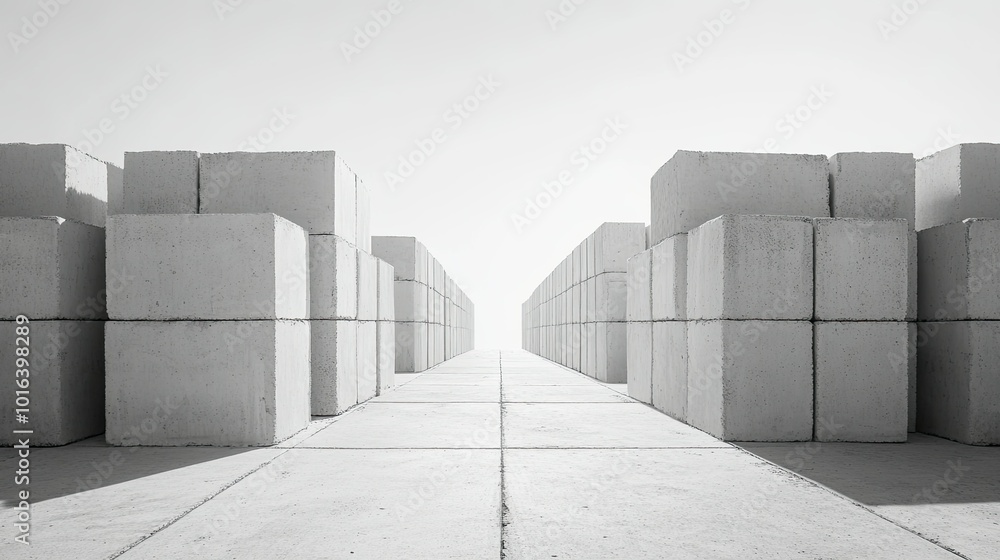 Obraz premium Concrete blocks stacked in rows, wide space for copy in the background